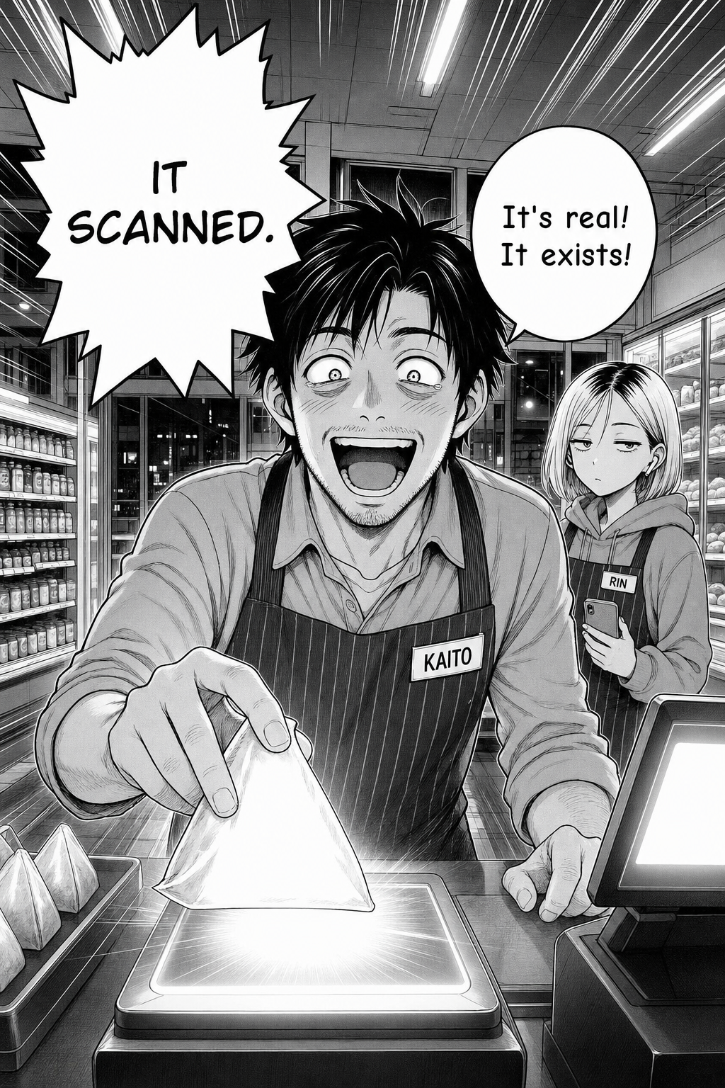 The triumphant inversion of the running beat: Kaito holds the store's rice ball to the scanner and it lights up — pure elation.