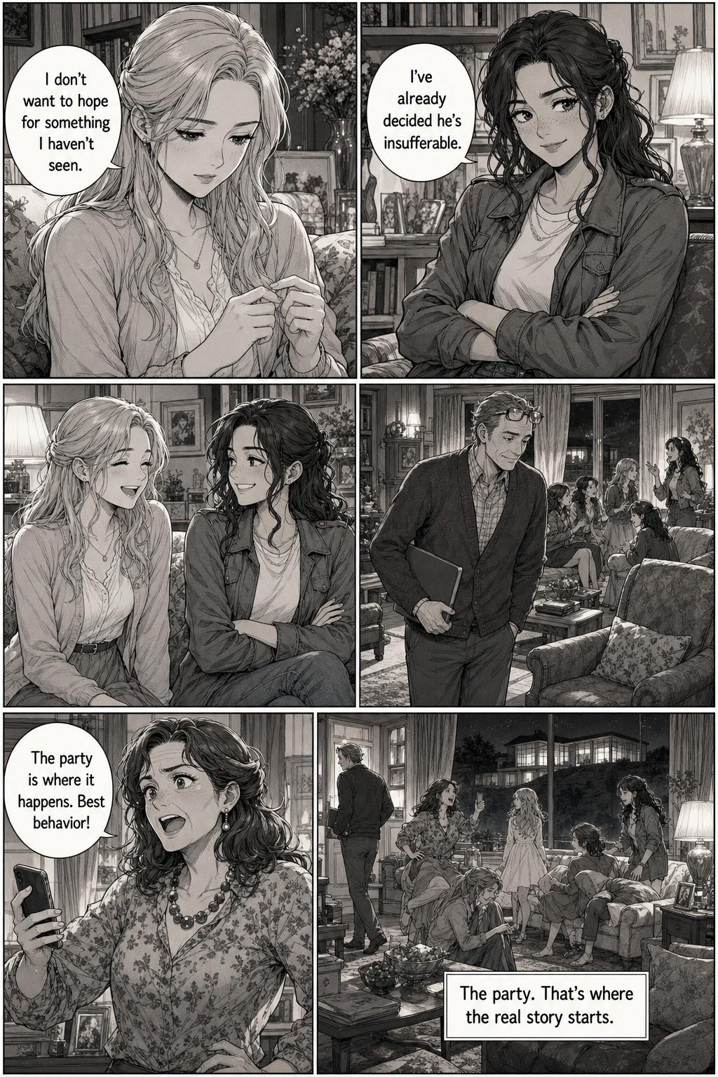 Jane admits she does not want to hope for something she has not seen, and Lizzie makes her laugh. Mr. Bennet slips away from the chaos he started while Mrs. Bennet rallies the girls for the party ahead.