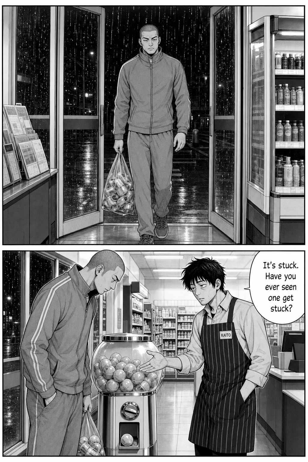 The tall, shaved-head tracksuit regular enters from the rain with a bag of empty cans and stops at the machine as Kaito asks if a capsule has ever jammed.