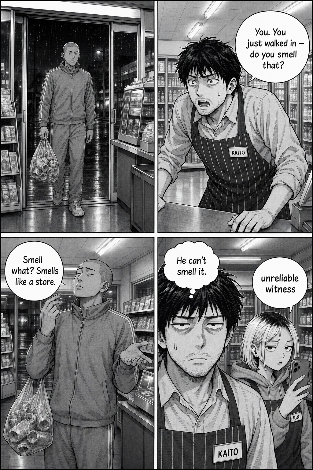 The tall shaved-head tracksuit regular enters with a bag of empty cans; Kaito asks if he smells it, and the man shrugs, "Smells like a store."