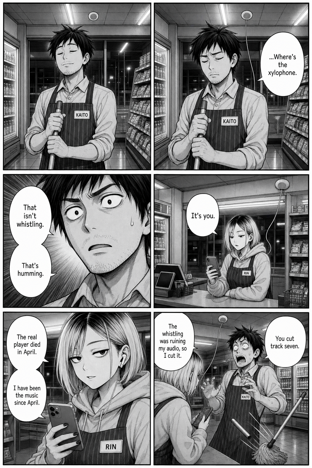 Six panels. The song is not whistling but humming. Rin's phone is wired to the ceiling speaker: she has been the store's music since April, and she cut track seven out.