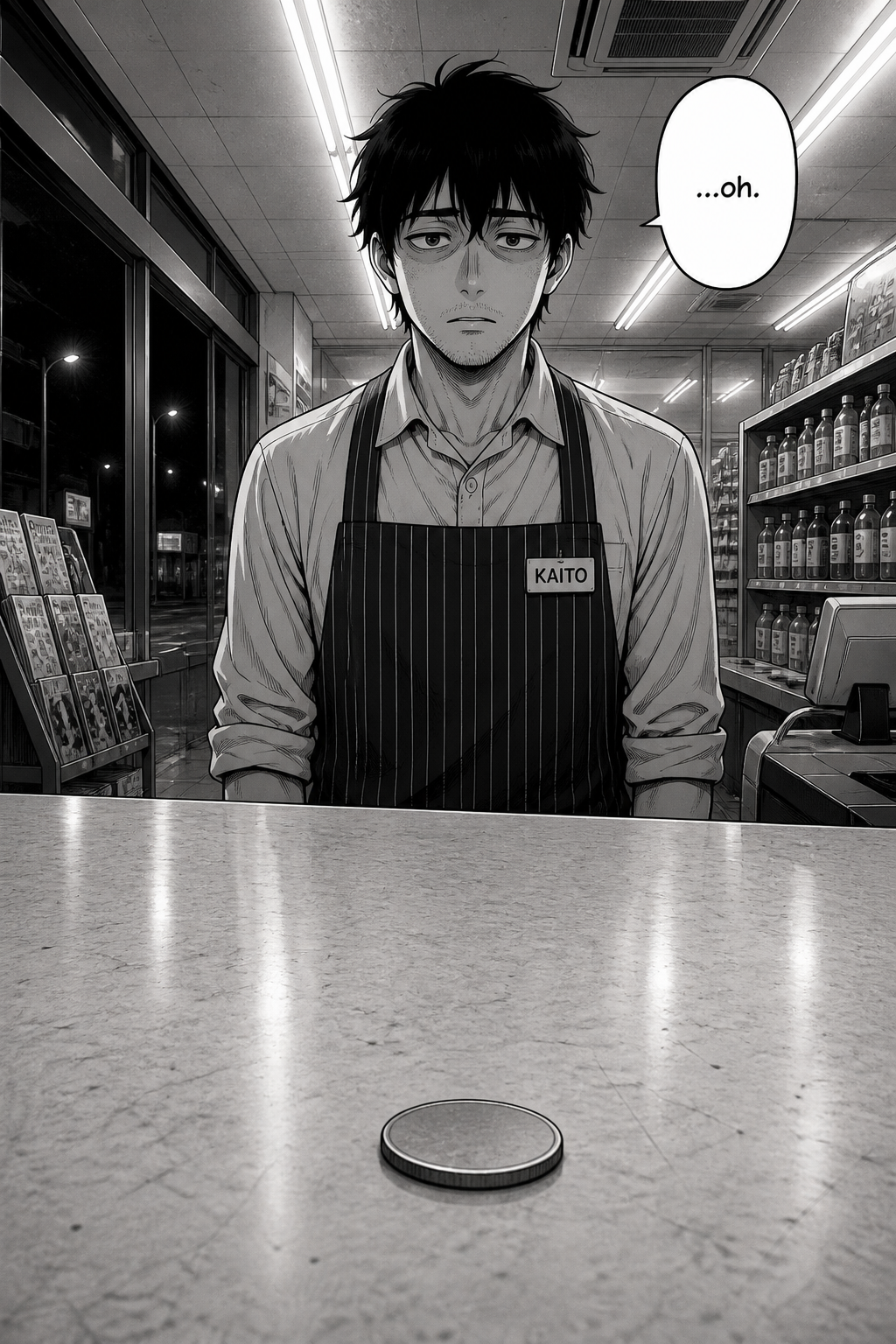 A single stark panel: the coin lying flat and fallen on the counter, Kaito's face frozen, his smile gone.