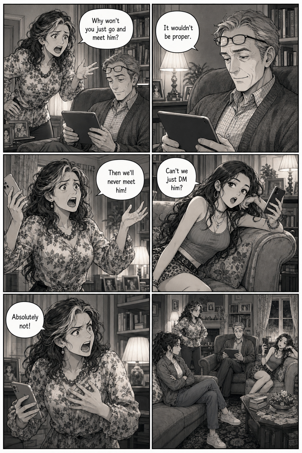 Mrs. Bennet badgers her husband to go and meet Bingley while he reads on, hiding his secret. Lydia suggests messaging him directly and is shot down, leaving the whole room in stalemate.