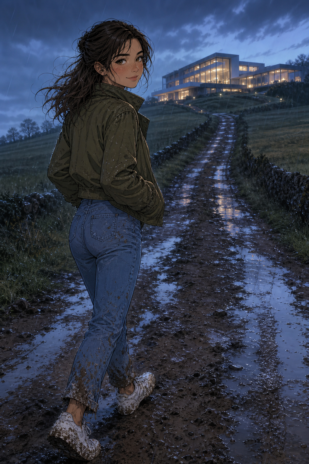 Lizzie walks a muddy country road at dusk in the rain, mud on her jeans and sneakers, the lit glass Netherfield mansion glowing on the hill ahead.