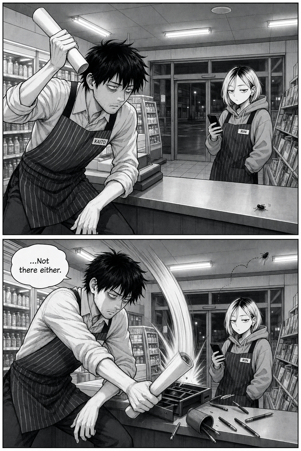 Kaito freezes with the flyer raised over the fly on the register counter, swings, knocks the drawer open and scatters pens; the fly is already gone.