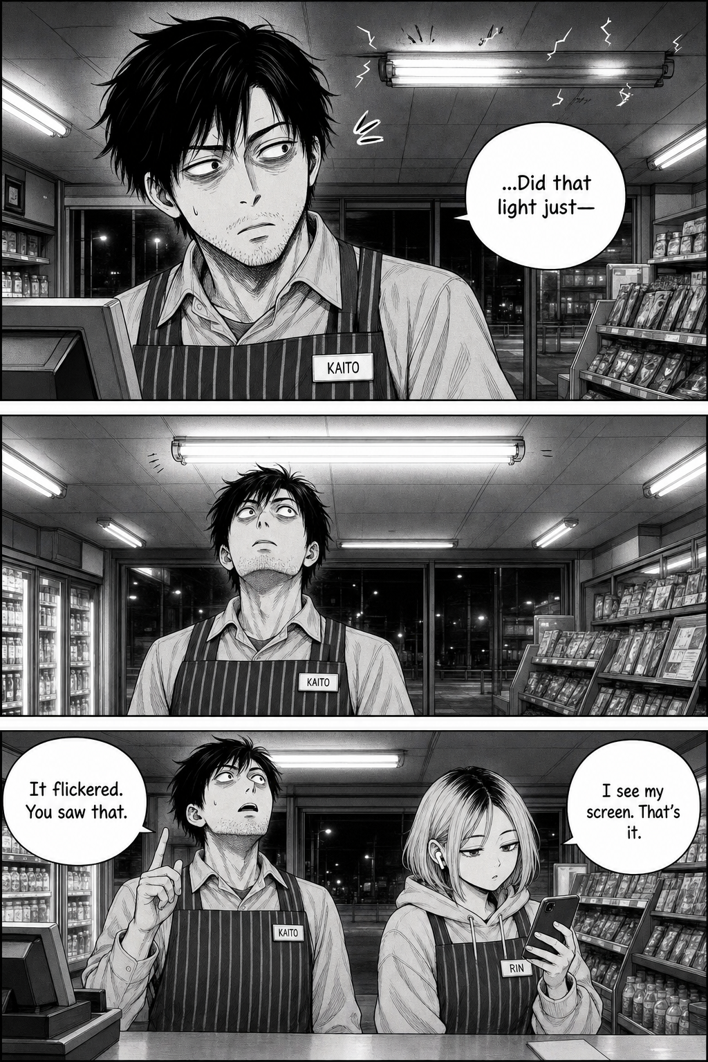 Kaito catches the aisle tube flickering, whips his head up to find it perfectly steady, and insists to Rin that it flickered.