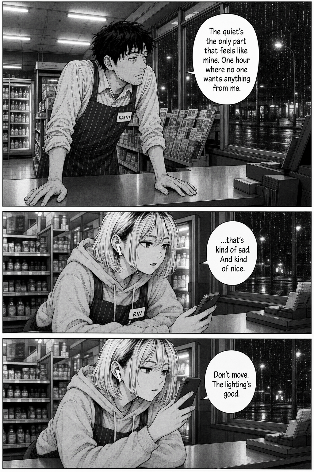 Three panels: Kaito, slumped on the counter, quietly confesses the quiet is the only part of the night that feels like his; Rin softens for a moment, saying it's kind of sad and kind of nice; then she raises her phone again, telling him not to move because the lighting's good.