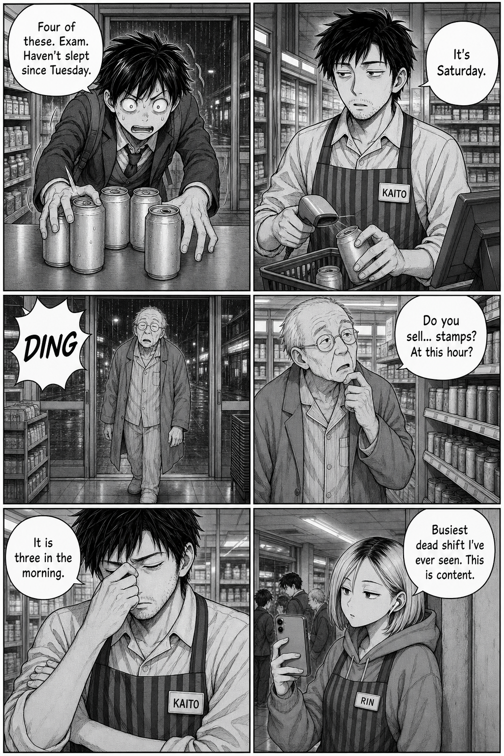 Six panels: a jittery student buys energy drinks; Kaito notes it's Saturday; the doors open and a pajama-clad old man wanders in asking about stamps; Kaito pinches his brow; Rin films the growing crowd.
