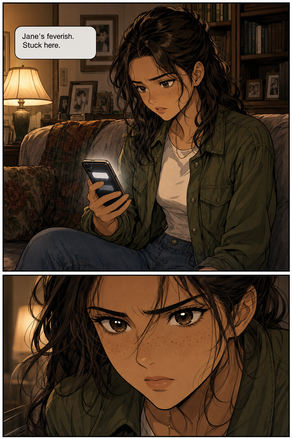 Lizzie, on the couch at home in lamplight, reads a worrying text and her expression turns to concern; a close-up shows her determined eyes.