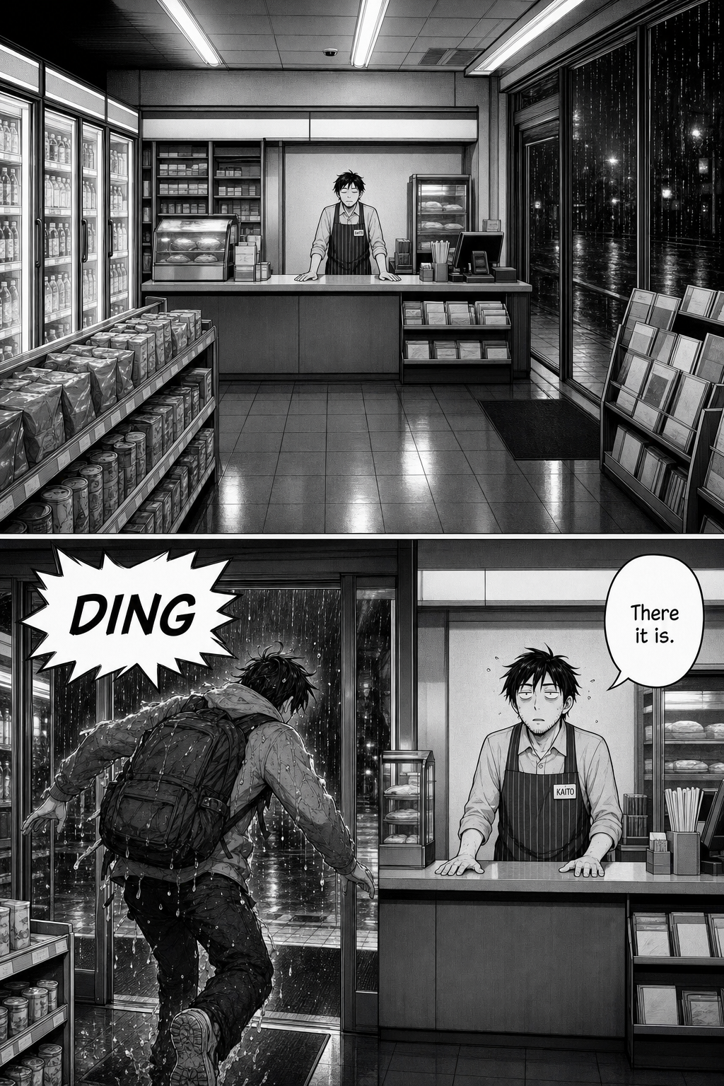Two panels: a quiet wide shot of the empty store with Kaito small behind the counter, eyes closed in peace; then the doors chime open as a wired student with a huge backpack rushes in dripping, and Kaito's eyes snap open in flat despair.