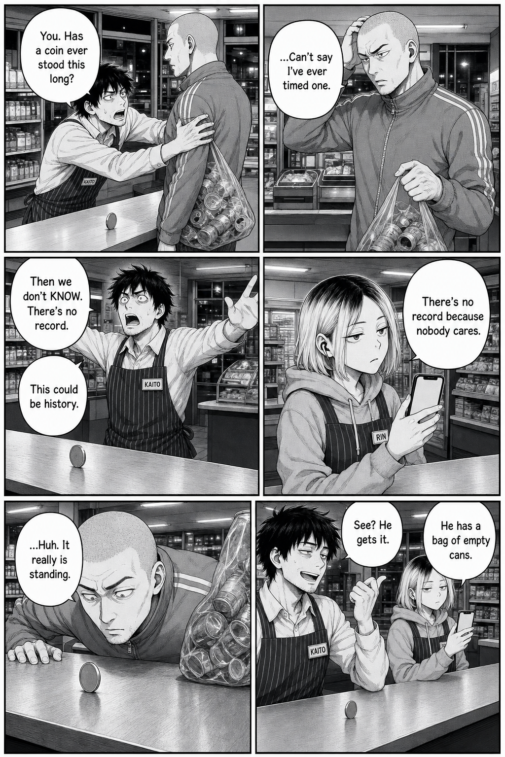 Six panels: Kaito grills the tracksuit regular on whether a coin has ever stood this long, insisting it could be unrecorded history while Rin deflates him.