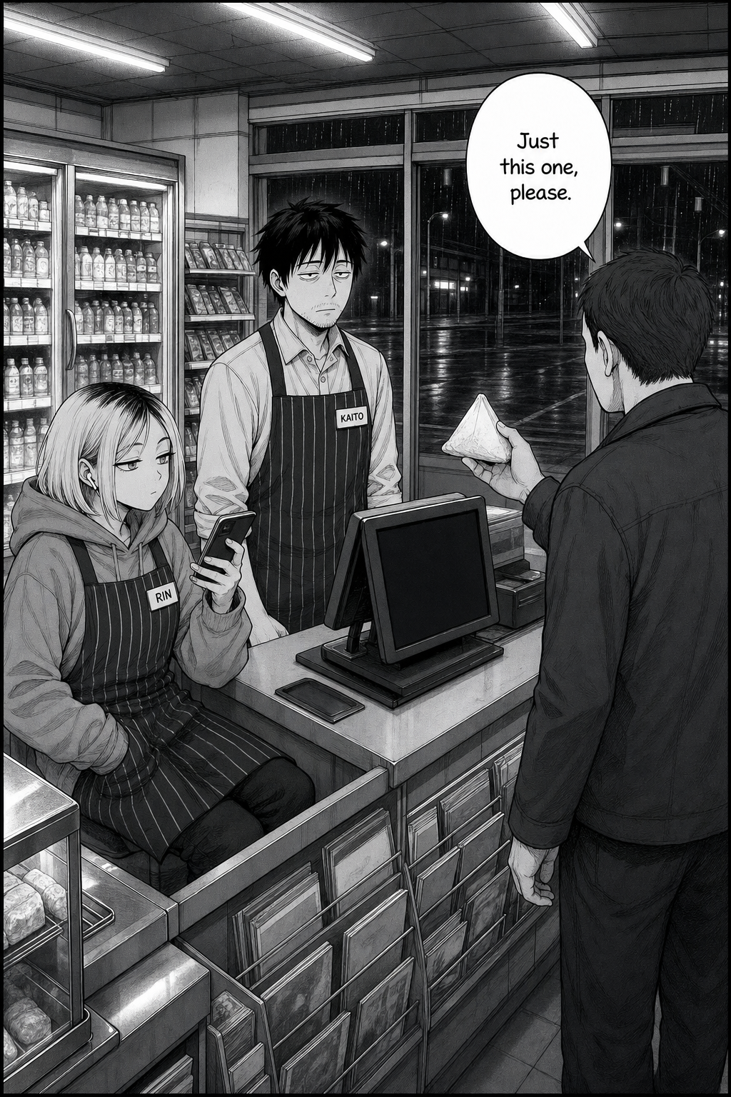 Wide night shot of a 24-hour convenience store; clerk Kaito stands at the register, Rin slouches on a stool with her phone, and a customer at the counter holds out a single rice ball.