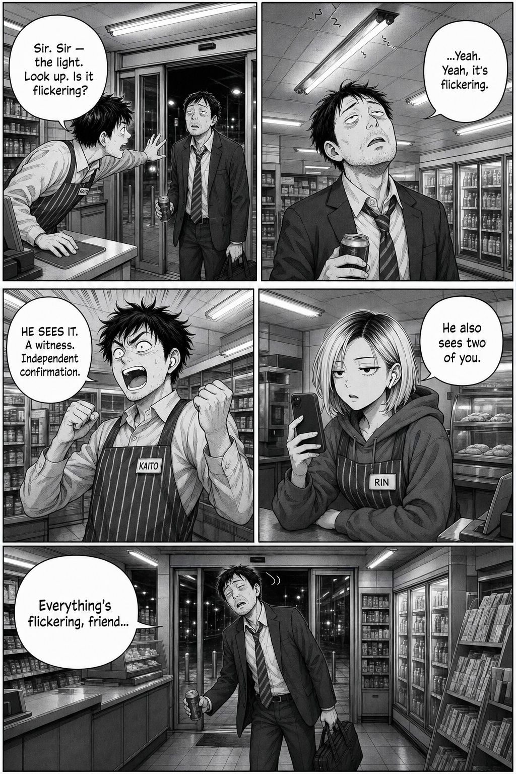 A bleary salaryman agrees the tube is flickering, briefly vindicating Kaito, then drifts out muttering that everything's flickering.