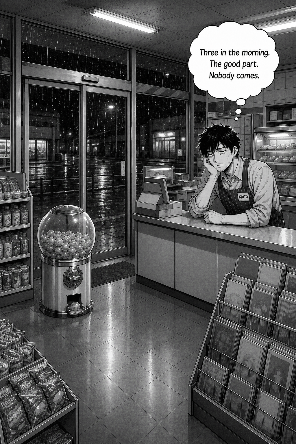 Wide night shot inside a rainy 24-hour convenience store; a capsule-toy machine stands by the sliding doors and a tired clerk, Kaito, leans on the counter.