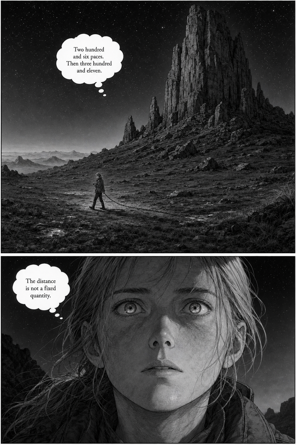 At night under a distinctive rock outcrop, Merel walks a straight measured line across the moor with a chain behind her, then realizes something horrifying.