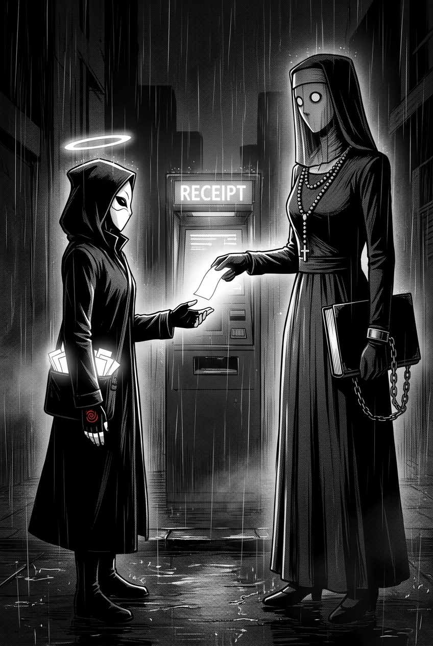 At a glowing supernatural kiosk in the rain, the tall veiled figure of Mother Ledger, a red ledger chained to her wrist, hands a final glowing receipt to the masked courier.