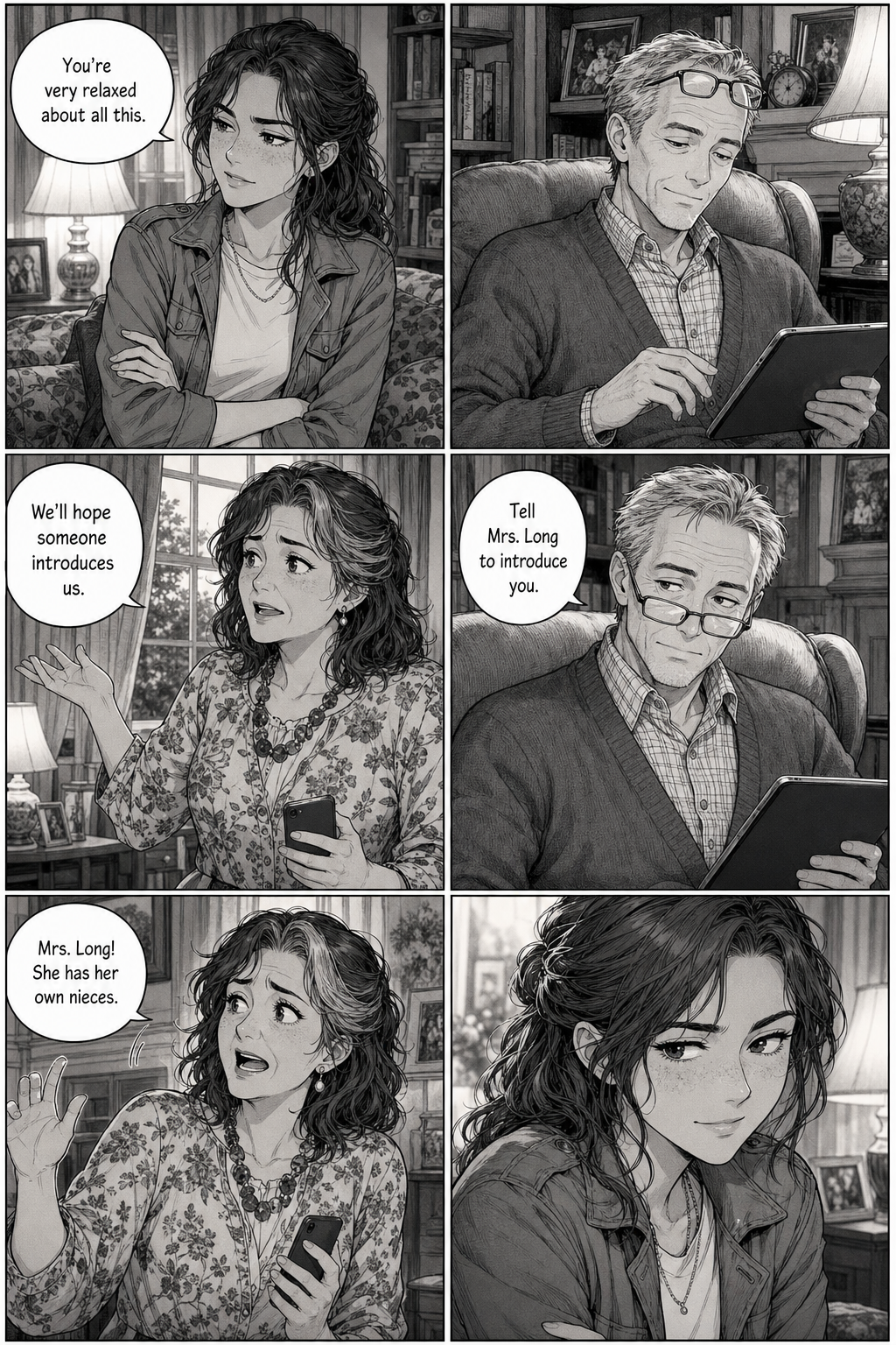 Lizzie notices how relaxed her father is being. He drops a hint about Mrs. Long making the introduction, which Mrs. Bennet waves off entirely — but Lizzie catches his small smile and grows suspicious.