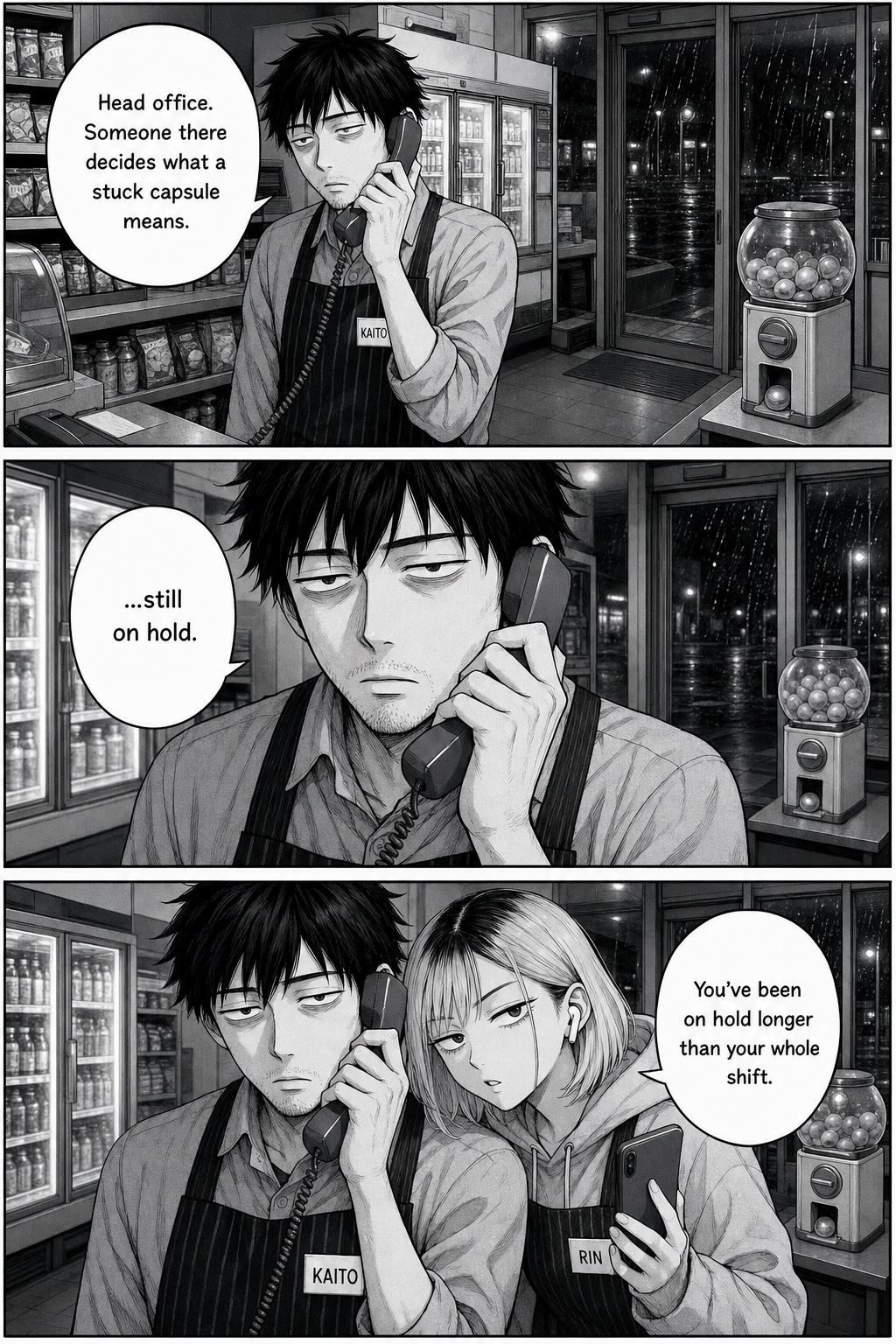 Kaito waits on the store phone to head office, hollow-faced and on hold a long time, as Rin leans in to point out he's been on hold longer than his shift.