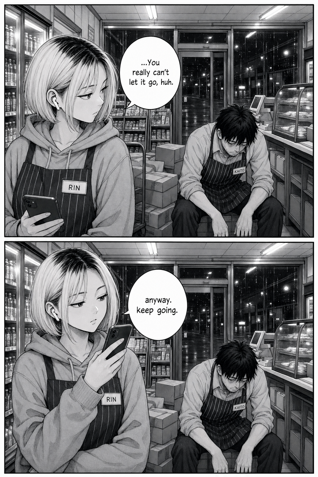Rin lowers her phone for a moment, softening as she watches Kaito slumped among the boxes — "You really can't let it go, huh" — then raises it again.