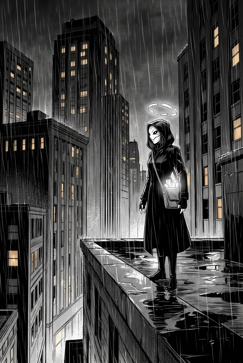 A masked night courier in a long black hooded coat stands alone at the edge of a rain-soaked rooftop, a faint halo of glowing receipt-paper hovering above her, the sodium-amber city spread out below.