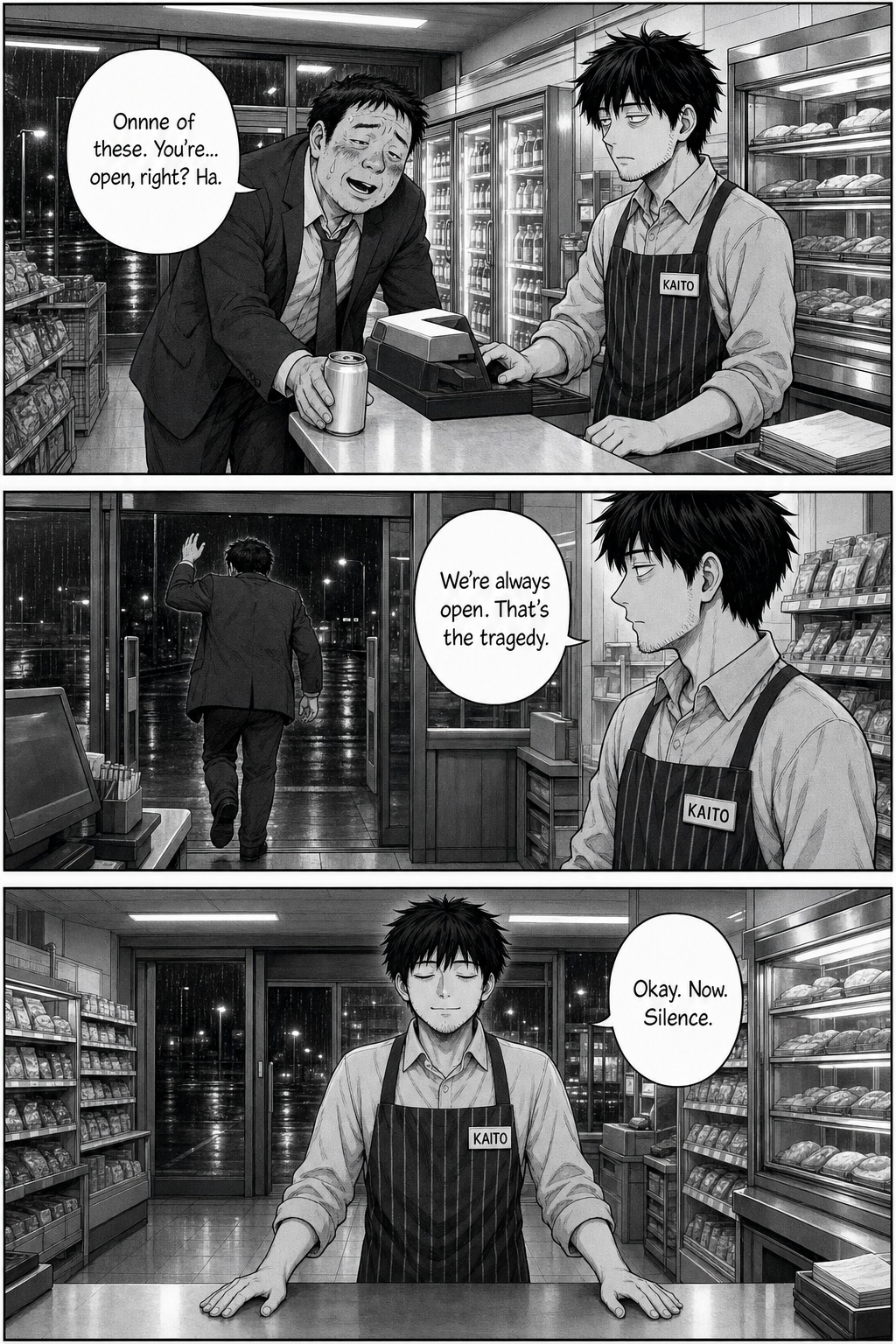 Three panels: a swaying drunk salaryman buys a single can while Kaito rings it up deadpan; the salaryman shuffles out the doors; the store empty again, Kaito closes his eyes with a serene smile and both hands flat on the counter.
