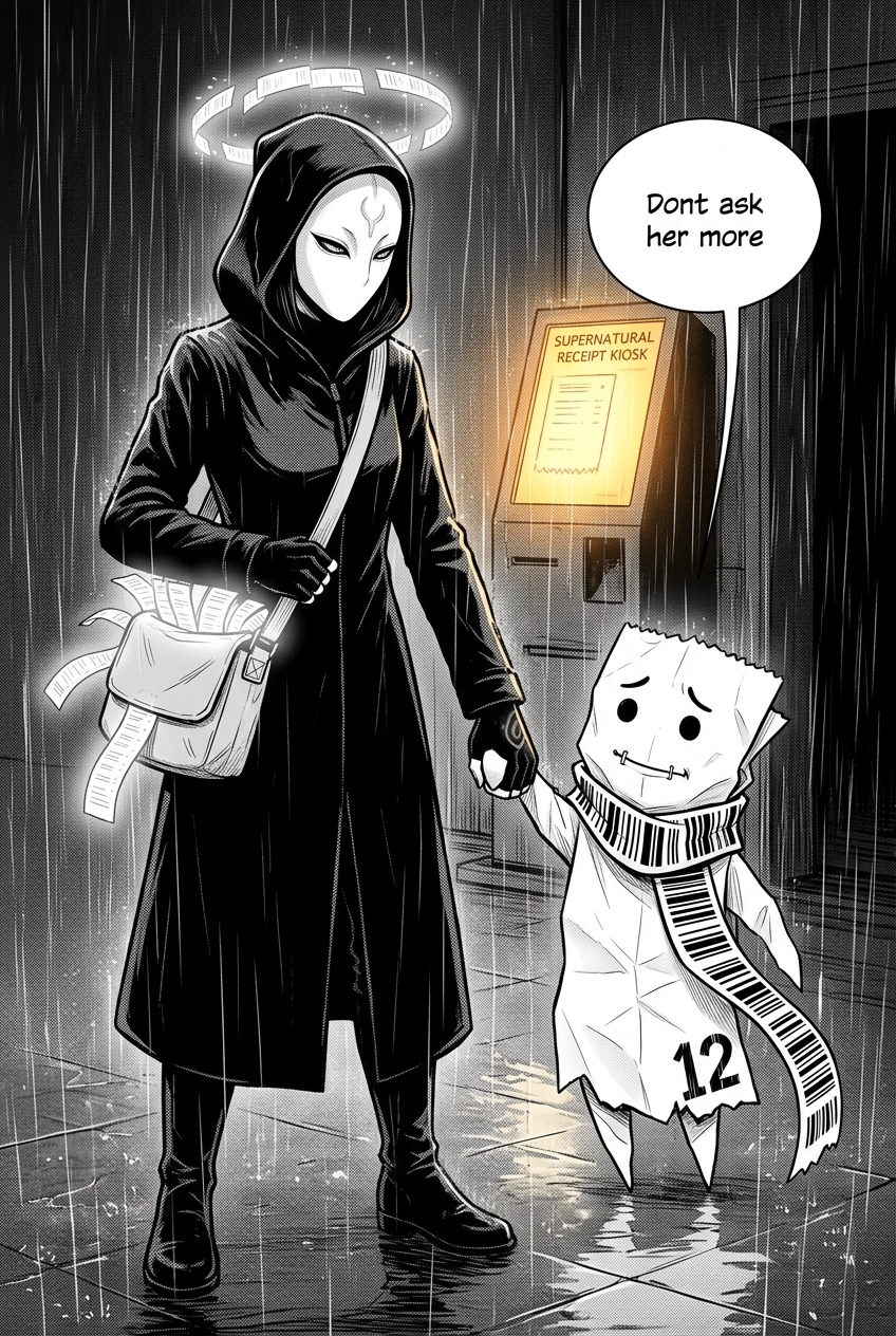 The little paper spirit grabs the courier's gloved hand and tugs her back from the kiosk, its ink-dot eyes wide with fear.
