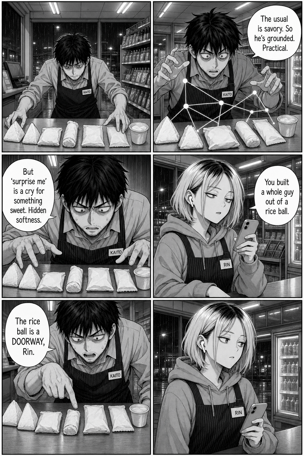 Kaito lays out snacks like evidence and builds a profile of the man's soul; Rin says he built a whole guy out of a rice ball.