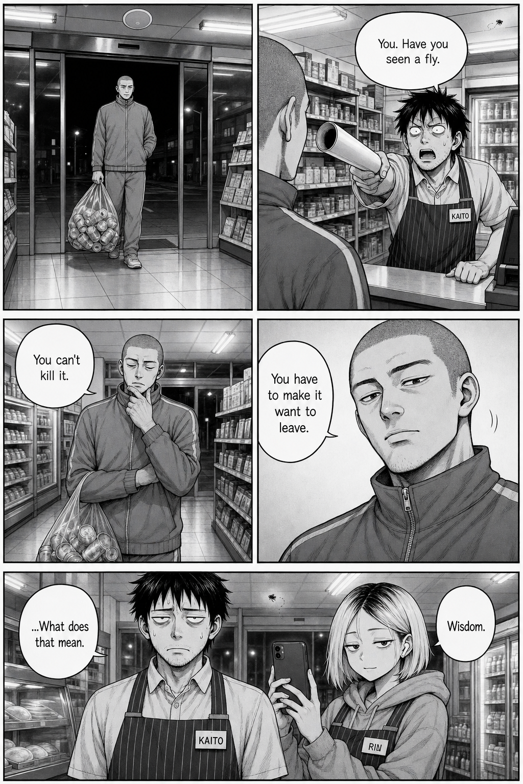 The tracksuit regular enters with his bag of cans; Kaito demands whether he's seen the fly; the man gives cryptic advice; Rin calls it wisdom.