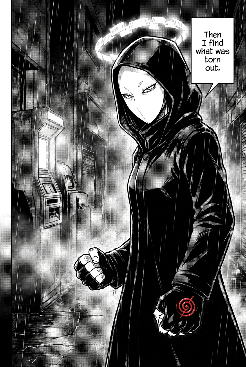 The masked courier clenches her gloved fist, the red glyph brand visible on her hand, her eyes hardening with resolve to find the missing torn page.