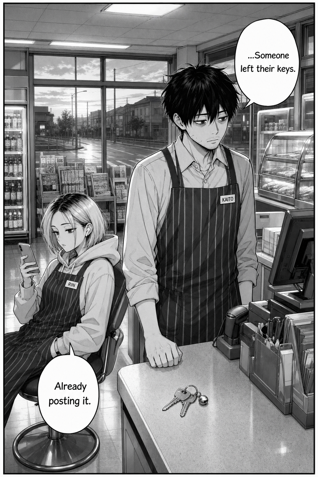 A single full-page panel mirroring page one, now in pale dawn light with the rain stopped and a clean empty street. Kaito stands behind the register, hollow, staring down at a new keyring that has appeared on the counter. Rin sits on her stool already lifting her phone. The loop restarts.