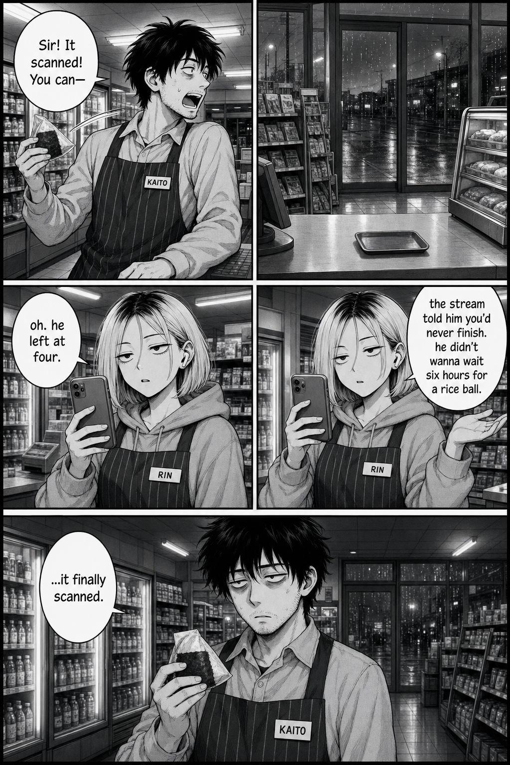 Kaito turns to sell the scanned rice ball, but the customer left at four — told by Rin's stream that he'd never finish.