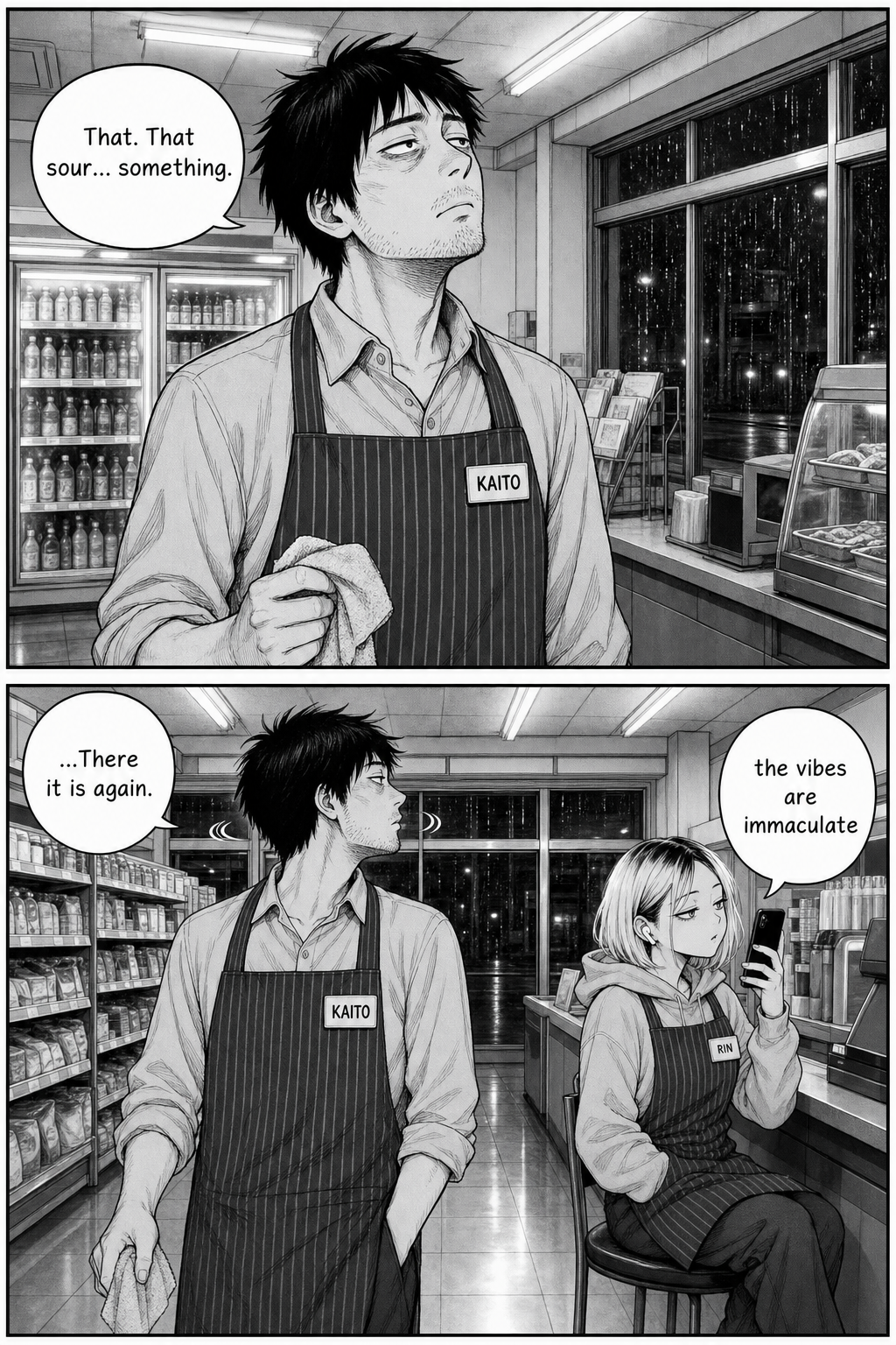 Kaito lifts his nose, sniffing the air and tracking a sour smell across the aisle, while Rin ignores him on her phone.