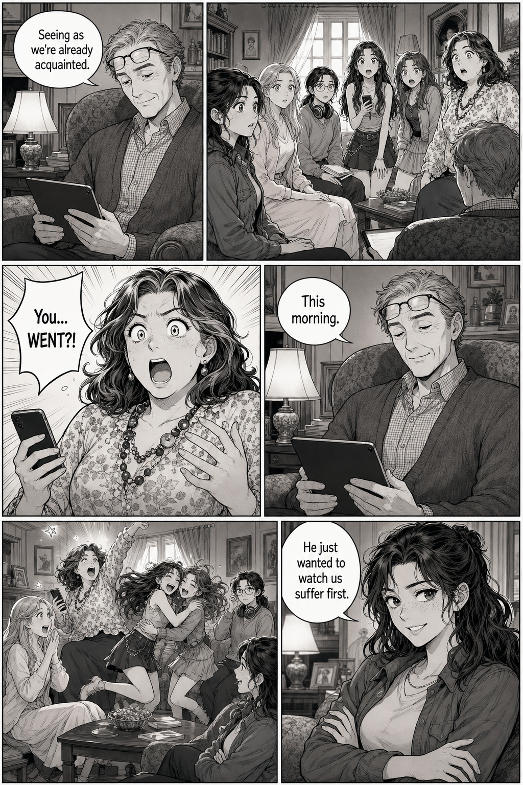 Mr. Bennet reveals that he and Bingley are already acquainted. The whole room freezes, every head turning, and Mrs. Bennet realizes he went that morning — the household erupting into joy while Lizzie laughs, vindicated.
