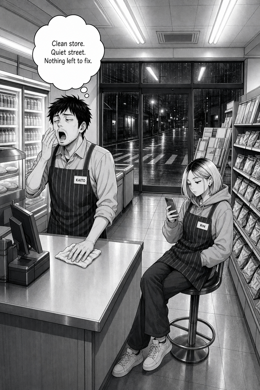 Wide night shot of a spotless 24-hour convenience store; Kaito yawns and wipes the counter while Rin sits on a stool on her phone, rain on the dark windows.