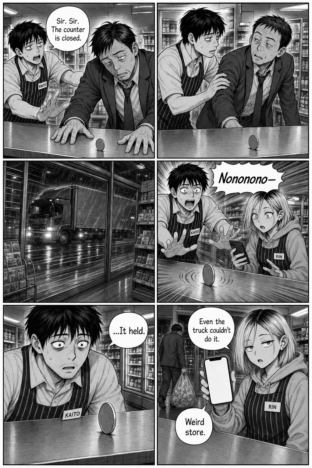 Six panels: Kaito steadies the drunk salaryman as a delivery truck rumbles past the window; the whole store shakes but the coin holds, and Rin films.