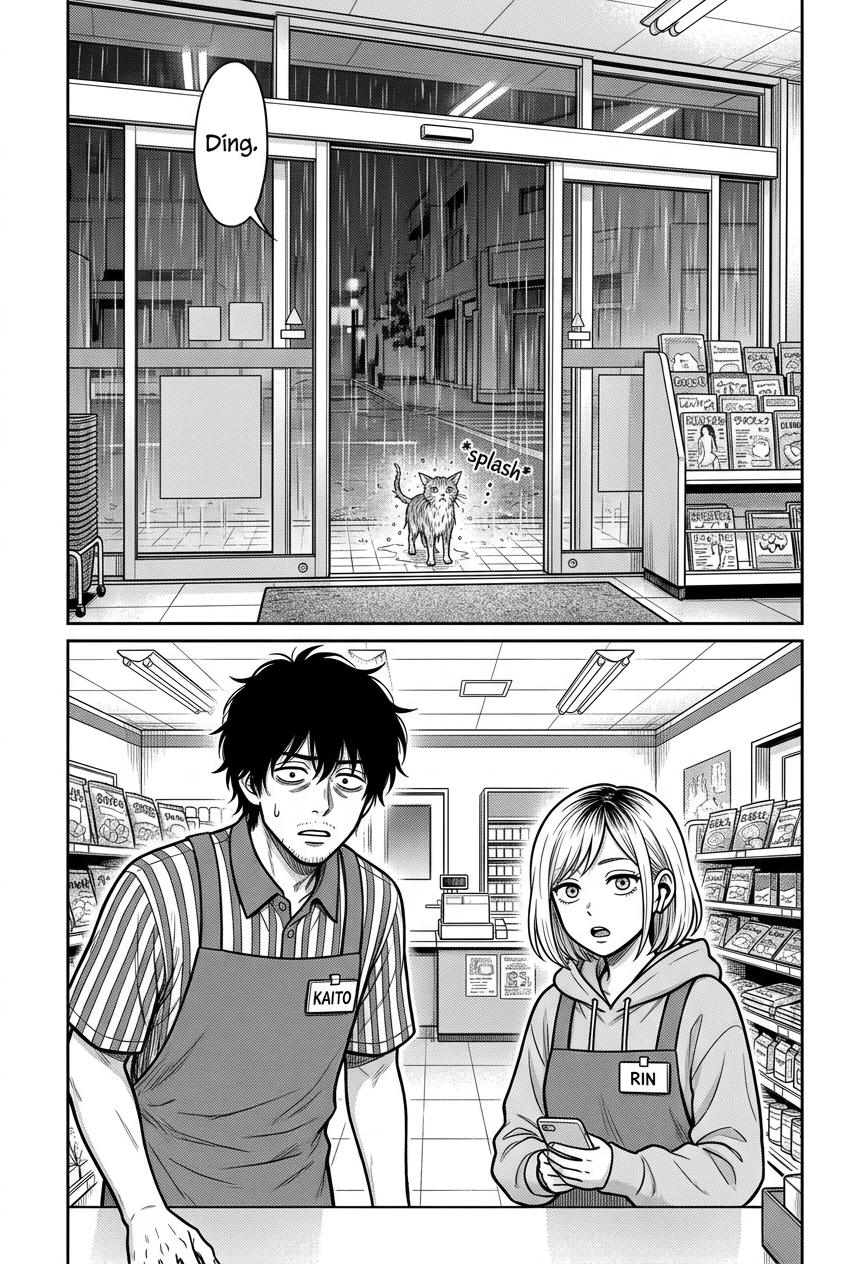 The sliding doors open a third time to heavy rain. A small soaked stray cat stands in the doorway, dripping, looking up into the store. In the foreground both Kaito and Rin freeze mid-motion, eyes wide.