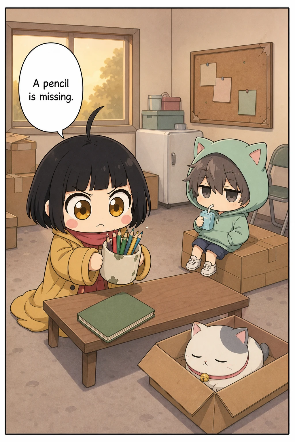 Wide view of the clubroom. A chibi girl in an oversized mustard-yellow coat holds up a chipped mug of coloured pencils with both hands, peering into it in horror, while a chibi boy in a mint-green cat-ear hoodie sips a juice box on some boxes and a small white cat sleeps in a cardboard box on the floor.
