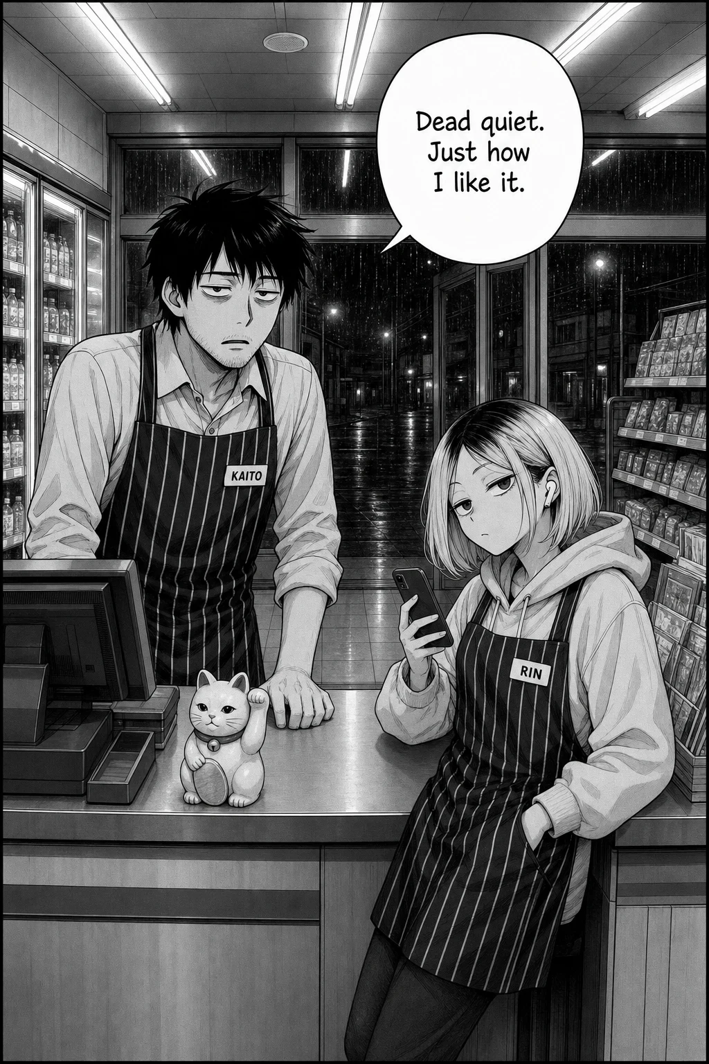 Wide night shot of a convenience store; a tired clerk, Kaito, stands behind the register beside Rin, a small lucky cat waving on the counter.