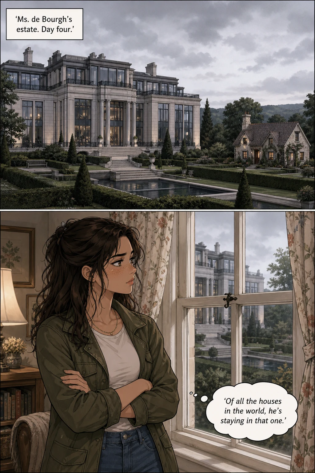 A wide shot of Ms. de Bourgh's grand cold stone-and-glass estate with a small cottage on the grounds; below, Lizzie stands at the cottage window looking out toward the manor.