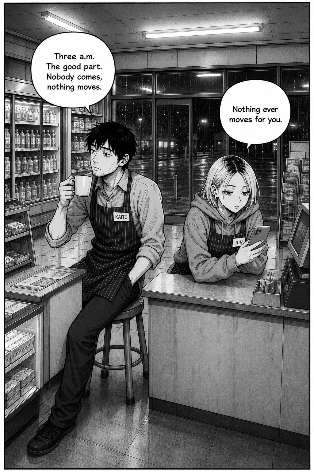 Wide night view of a 24-hour convenience store. Kaito sits on a round wooden stool behind the register; Rin leans on the counter looking at her phone. Rain streaks the dark windows.