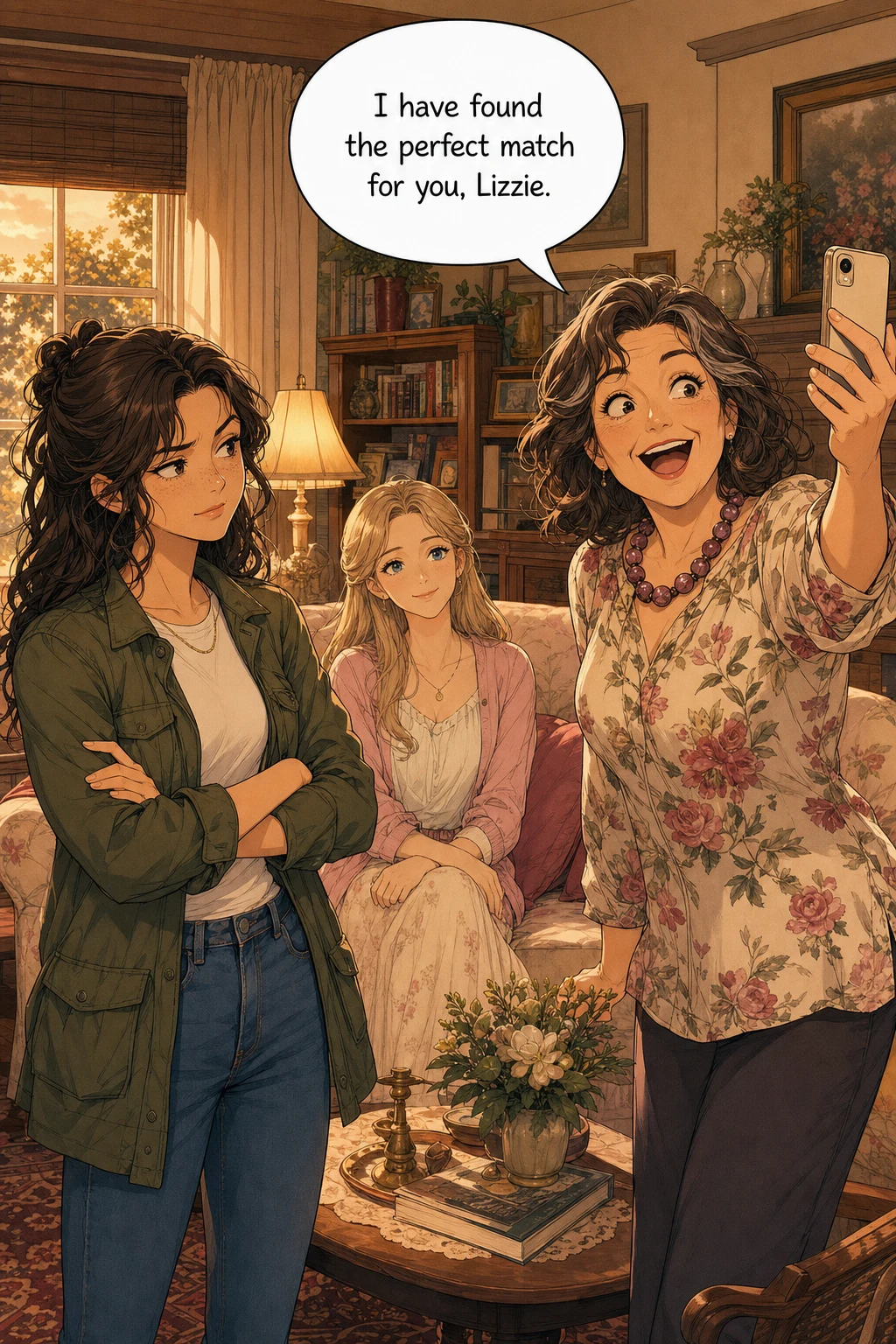 In a warm, lamplit Bennet living room at golden hour, Mrs. Bennet stands beaming and holding up her phone while Lizzie watches skeptically with her arms crossed and Jane sits gently on the sofa behind them.