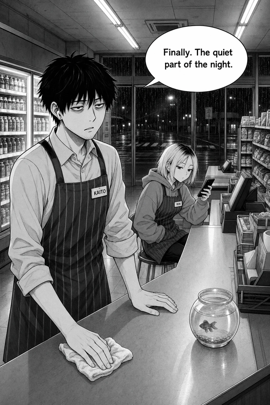Wide night shot inside a convenience store: Kaito wipes the counter while Rin sits on a stool on her phone; a small goldfish bowl sits on the counter, rain on the windows.