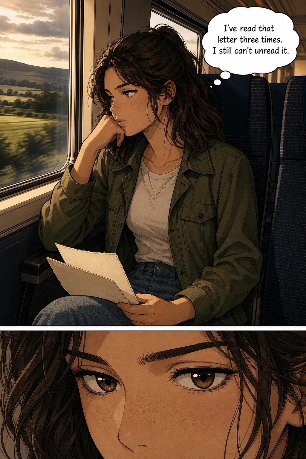 Lizzie rests her temple against a train window, an opened cream letter in her lap, countryside sliding past; a close-up of her eyes follows.