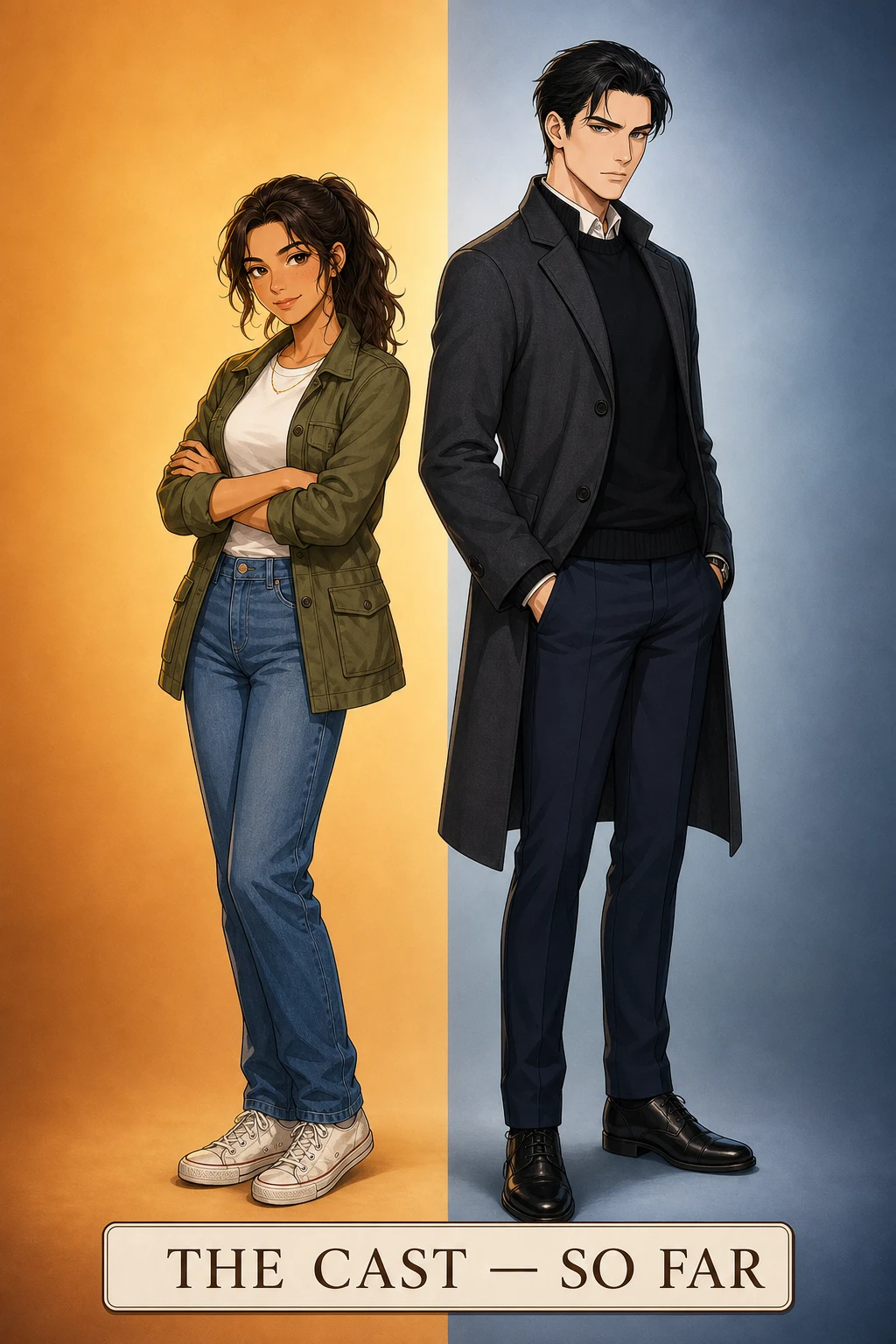 Cover card: Lizzie Bennet on a warm amber half and Fitzwilliam Darcy on a cool blue half stand back-to-back; caption reads 'THE CAST — SO FAR'.