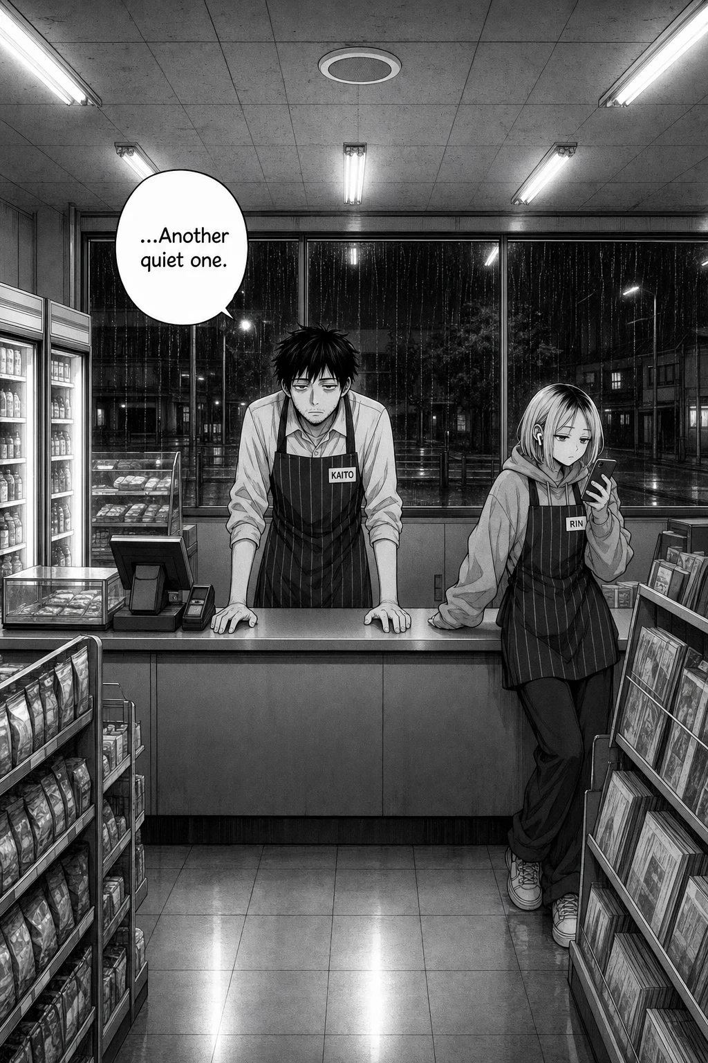 Wide night shot of an empty convenience store; Kaito stands behind the counter, Rin leans nearby on her phone, rain on the window.