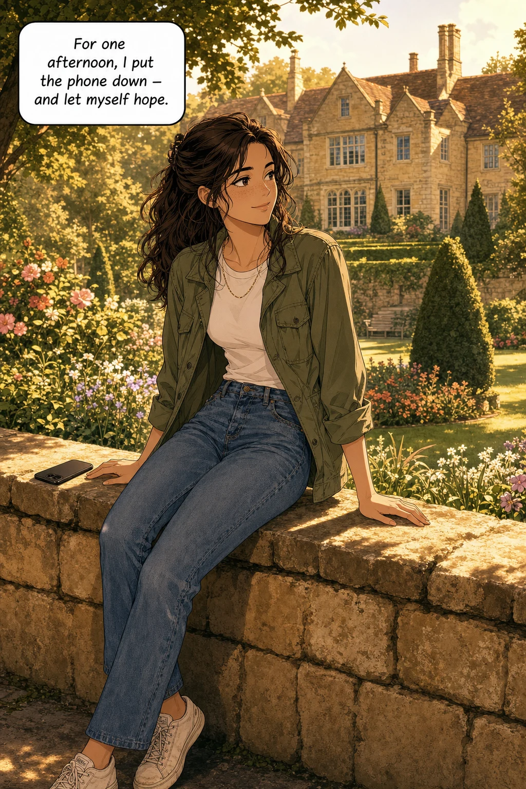 Lizzie sits relaxed on a low honey-colored stone garden wall in warm golden afternoon light, a sunlit manor house and flowerbeds behind her, her phone lying face-down beside her hand, a soft hopeful half-smile on her face.