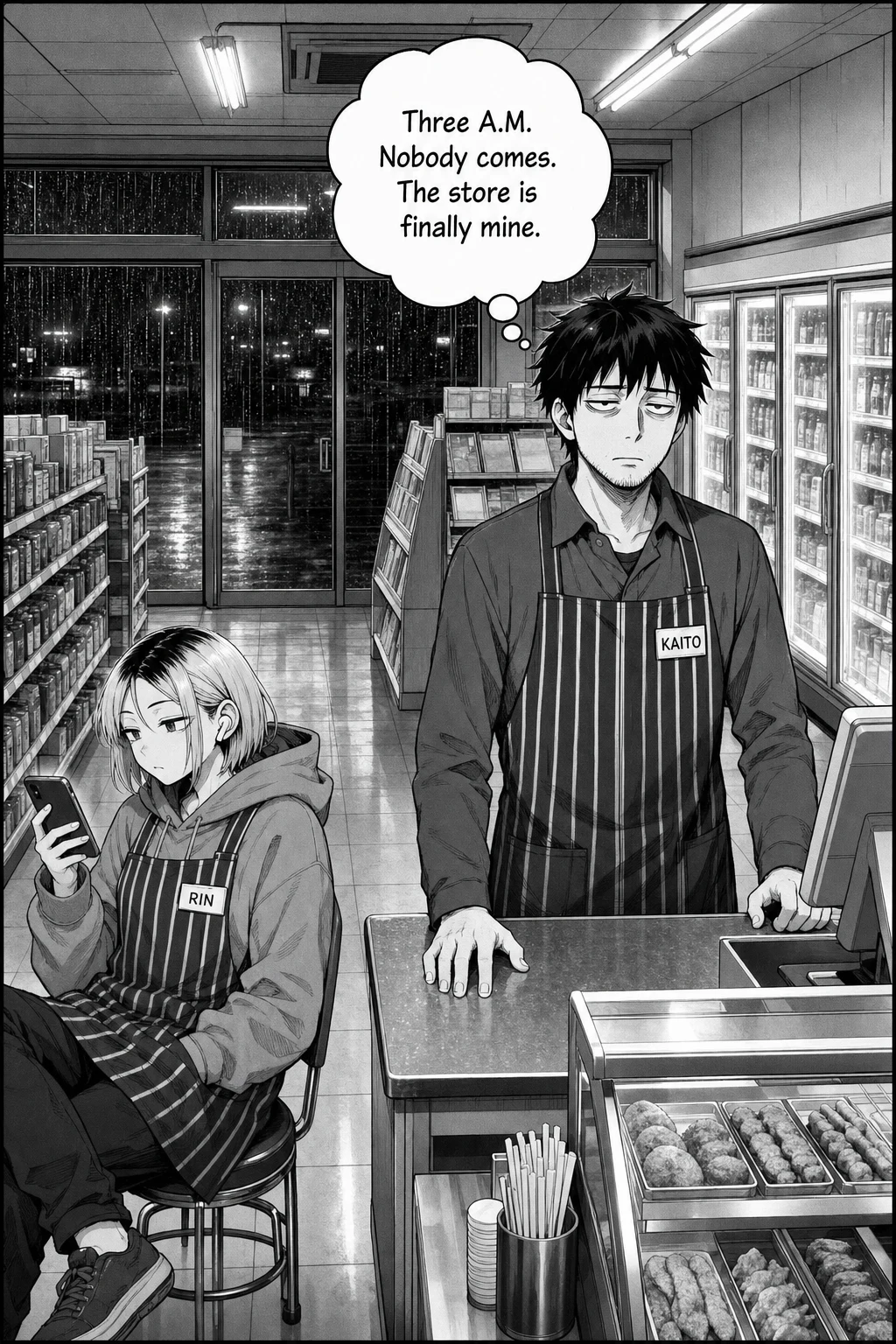 Wide night view of an empty convenience store, rain on the windows; Kaito stands at the counter while Rin sits on a stool nearby on her phone.