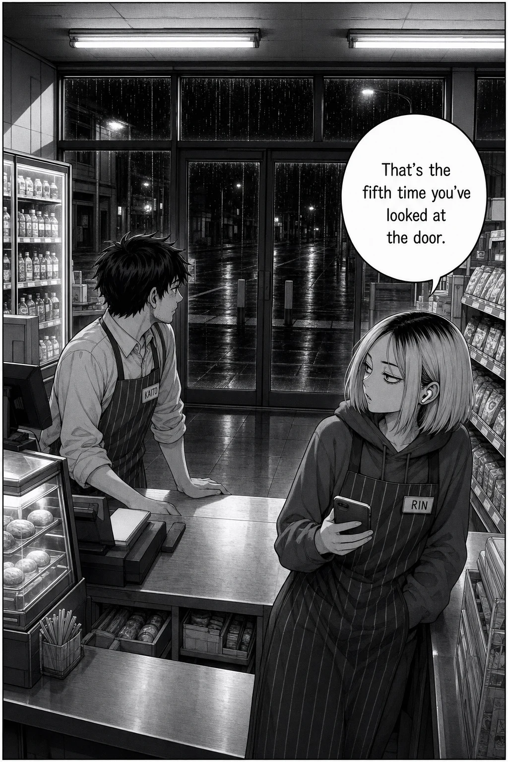 Wide night shot of the convenience store from behind the counter; the rain-slick kerb outside is empty. Kaito watches the door while Rin leans nearby with her phone.