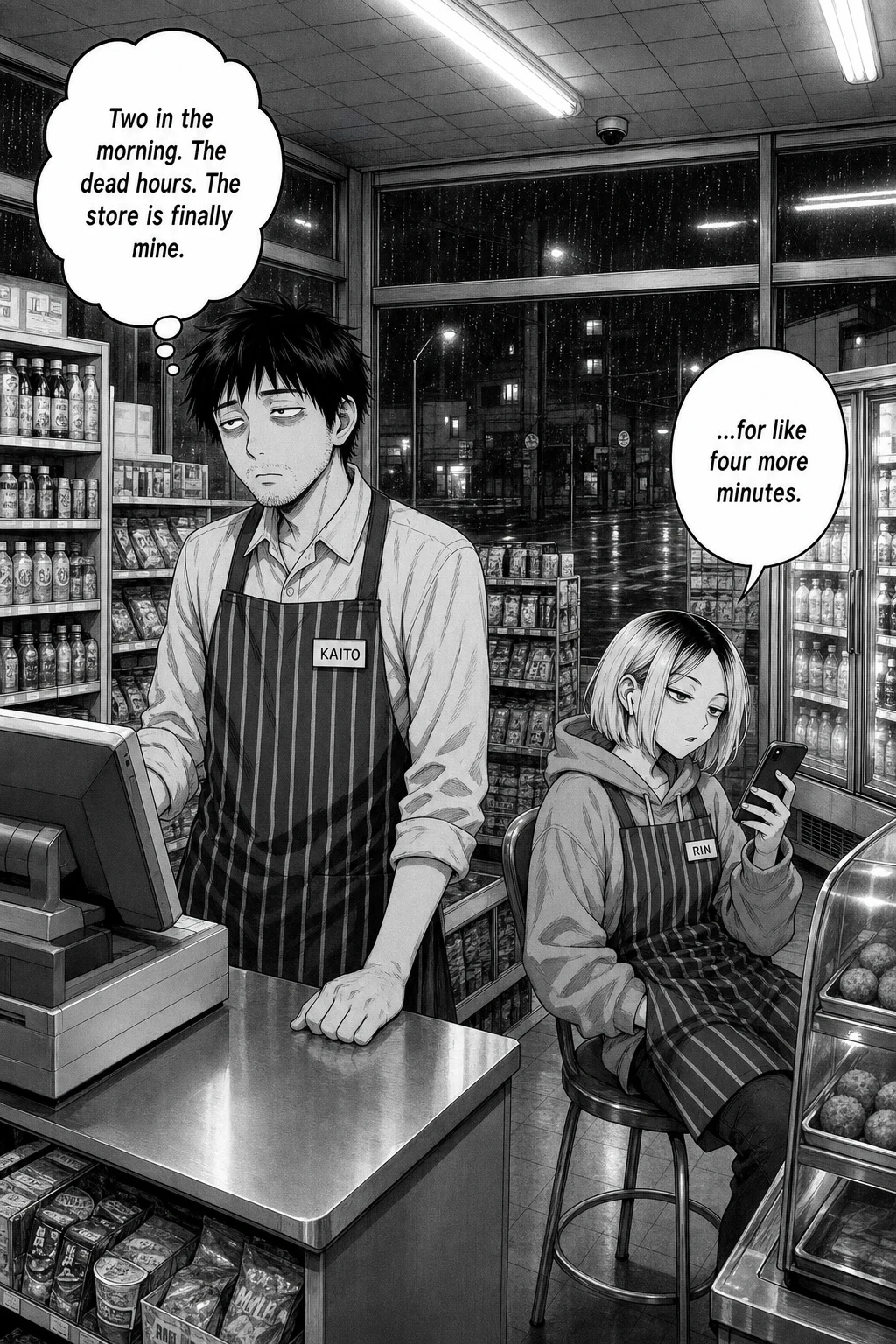 Wide night view of a 24-hour Japanese convenience store at 2 A.M., rain on the dark street outside. Kaito stands tired behind the register; Rin slouches on a stool nearby with her phone.