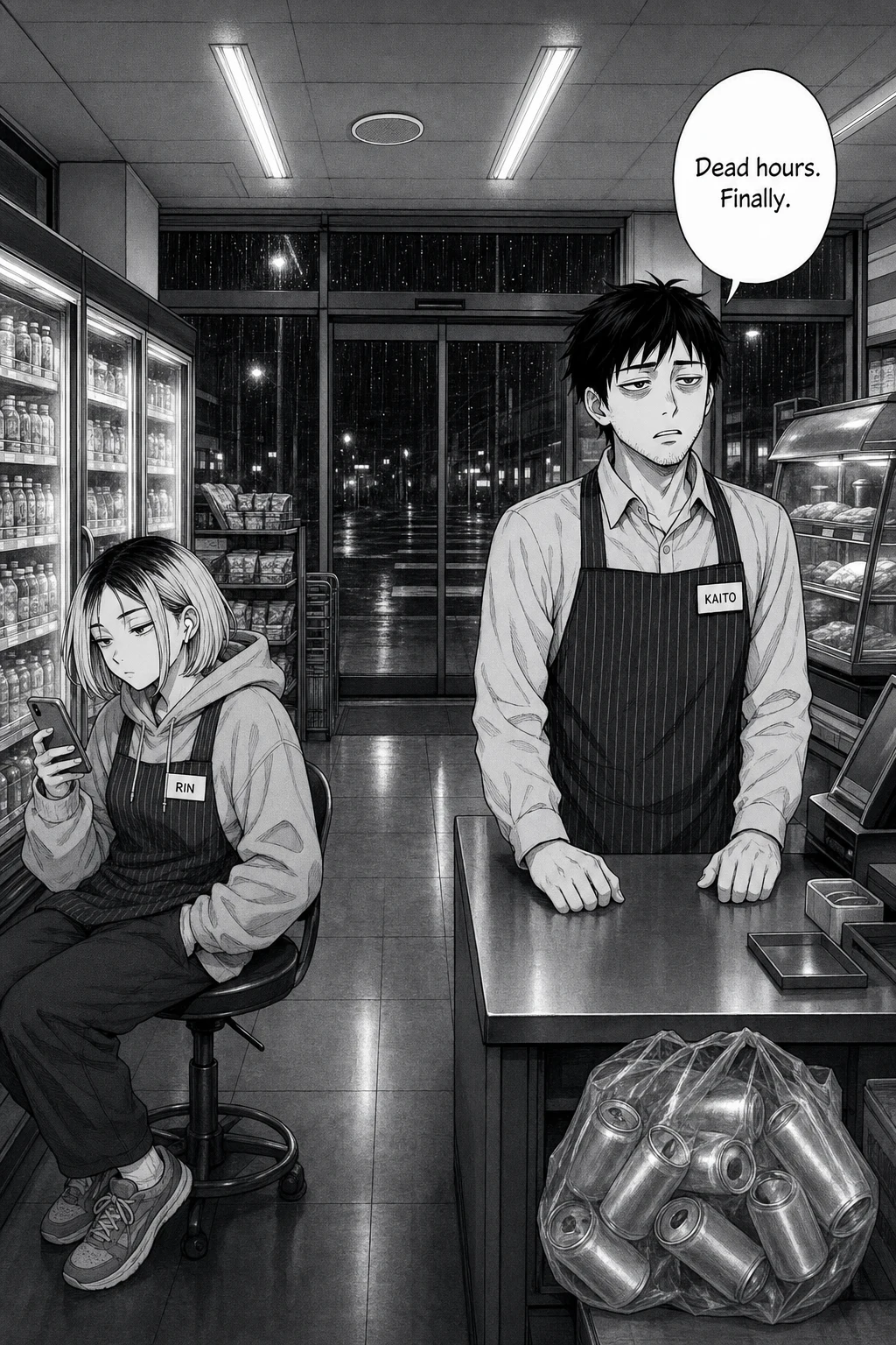 Wide night shot inside a 24-hour convenience store: Kaito stands tired behind the counter while Rin sits on a stool scrolling her phone, rain on the windows behind them.